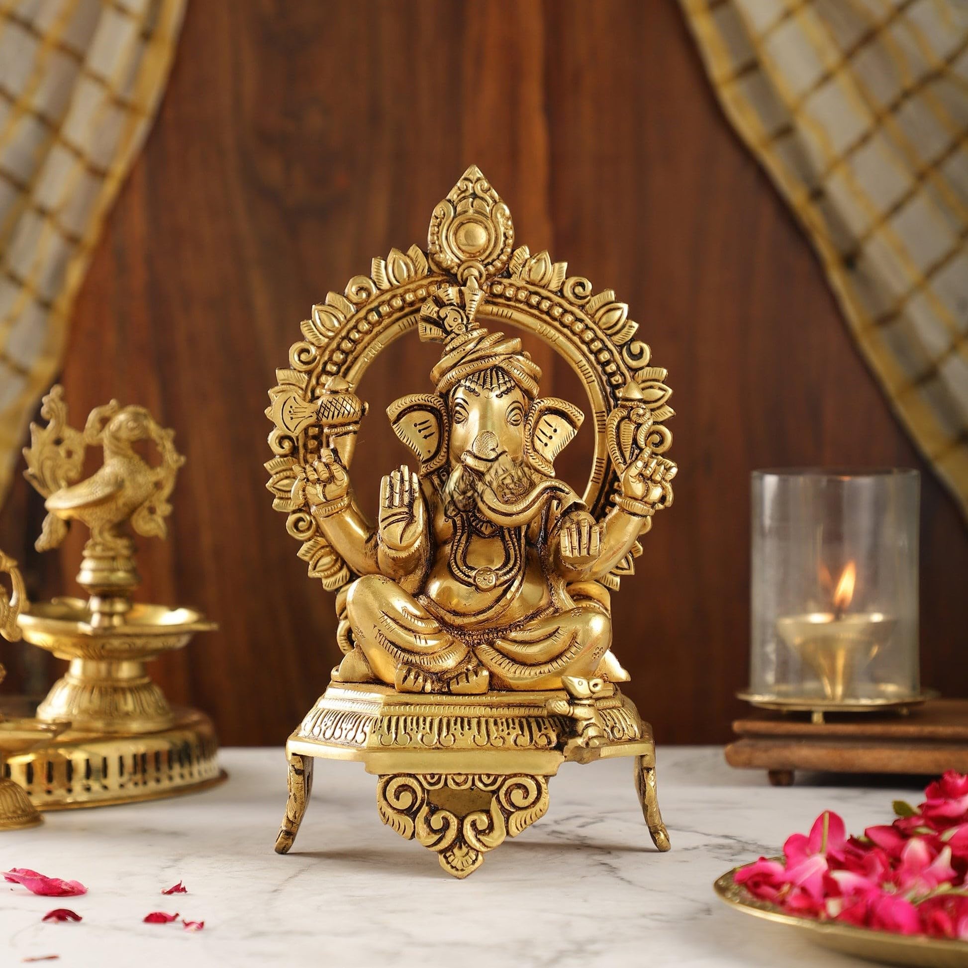 Brass Ganesha Statue With Mosaic, 26 Cm Brass Ganesh Statue, Ganpati Idol, Good Luck Gift For New Beginnings, House Warming Gift